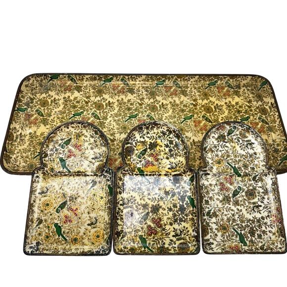 4 Vintage Knobler Plates Serving Tray Set Parisian Parrot Asian Hummingbird Chic - Picture 1 of 10